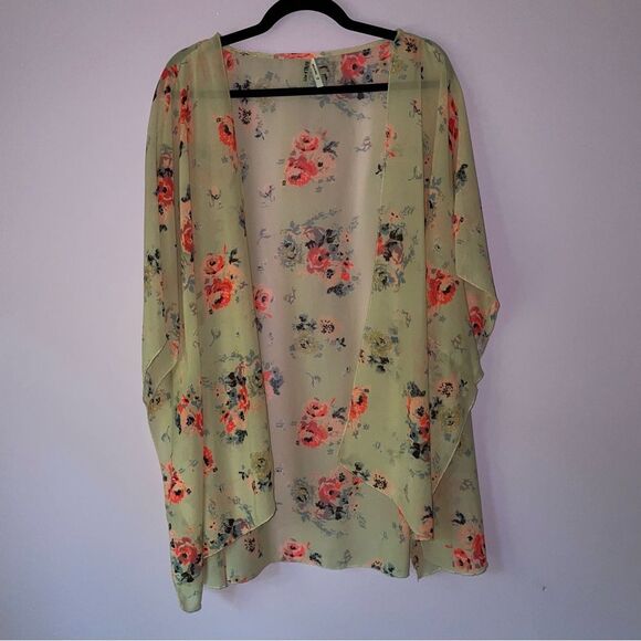 Live 4 Truth 3X Kimono Chiffon Cream Open Front Cardigan Pink Floral - Picture 1 of 10
